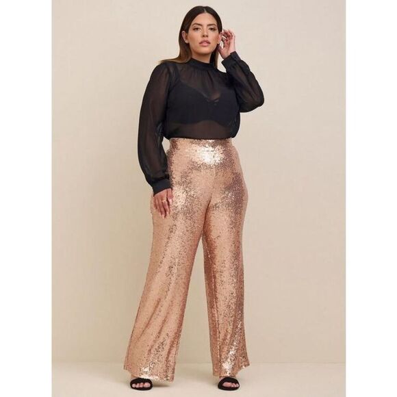 Torrid Pull-On Wide Leg Sequin High-Rise Pants size 00R US M 10 Champagne Beige - Picture 1 of 9